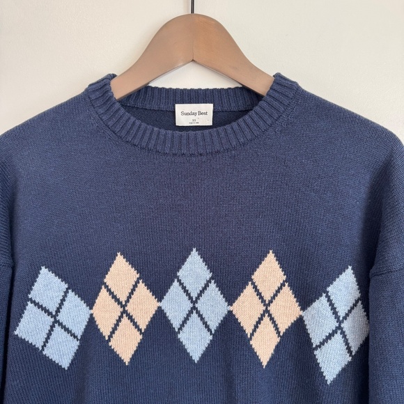 SUNDAY BEST Argyle Sweater Cotton Cashmere Navy Blue, Size XS-S - Picture 3 of 8